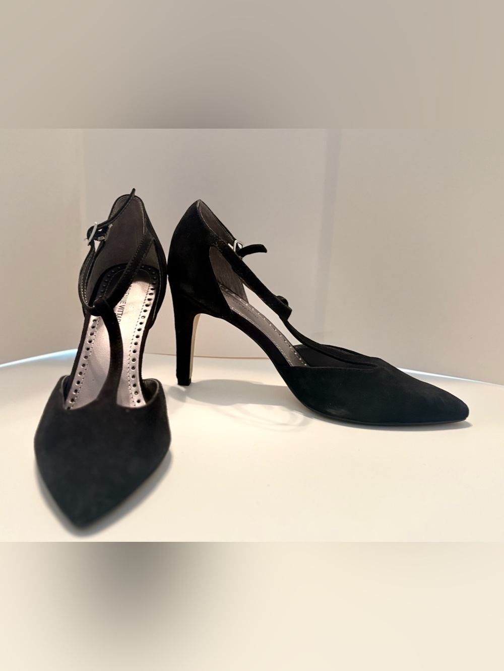 Adrienne Vittadini Black Suede Pointed-Toe Ankle-Strap Heels